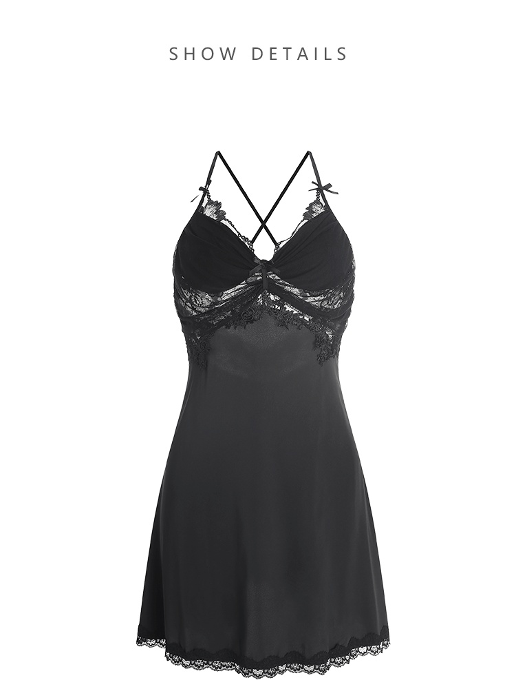 Black Mesh Hem Underwire Babydoll Satin Nightdress